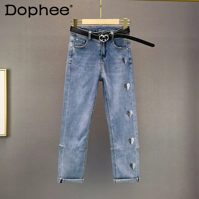 

Женские хлопковые прямые джинсы стрейч с высокой талией, Новинка лета 2021, стройнящие рваные джинсовые брюки стразы, Женские Мешковатые брюк...