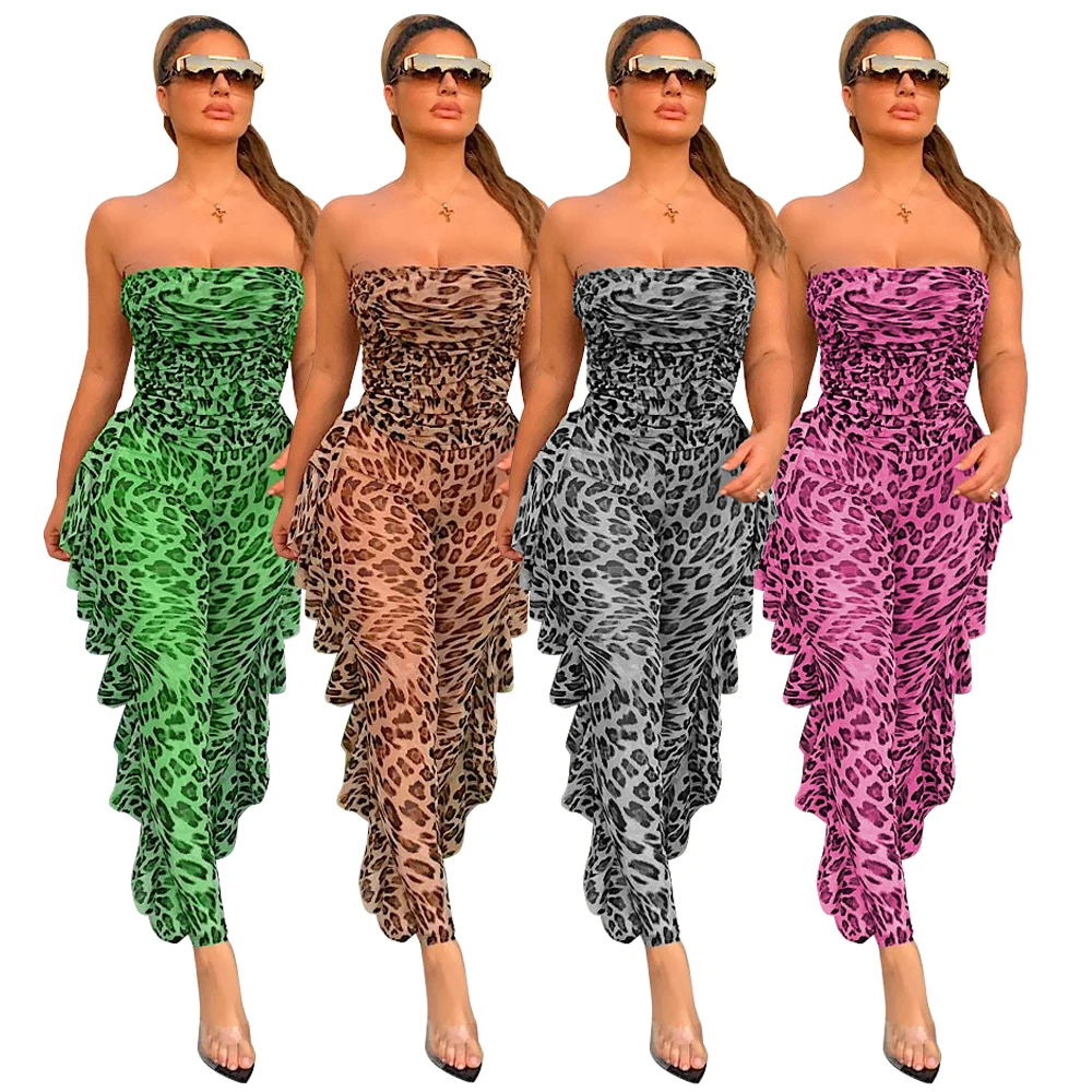 

JRRY Sexy Women Leopard Jumpsuits Strapless Ruffles Legs Bodysuit High Elasticity Skinny High Street Outdoor Wear