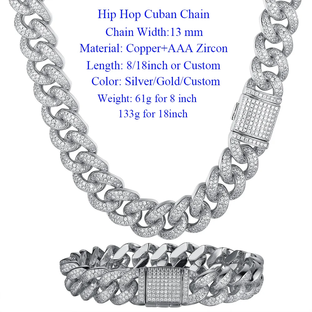 

Luxury Zircon CZ Hip Hop Miami Cuban Link Chain 13mm 3D Bracelet Men Necklace Dropshipping Party Jewelry Iced Out Black Jewelry