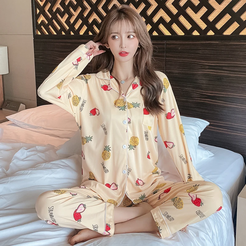 

New ArrivalsSpring Autumn 2 Piece Pajamas Set for Women New Printed Colorful Sleepwear Long Sleeve Pajamas Female Sleep Homewear