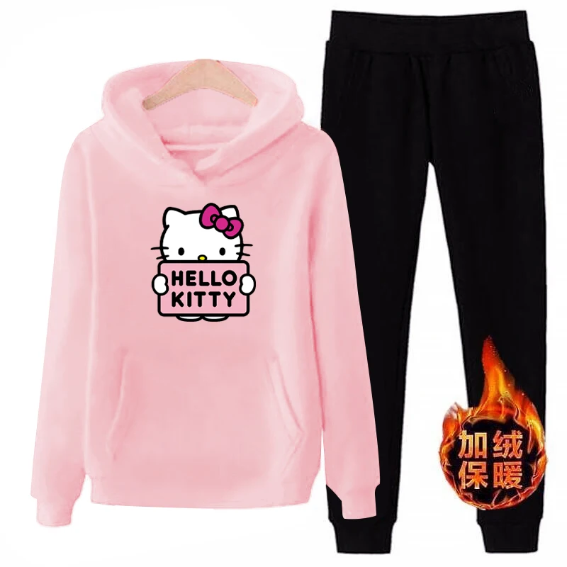 P66 3xl hello-kitty зимний женский комплект из 2 предметов с длинными рукавами, флисовая толстовка с капюшоном, пуловер, костюм, спортивные костюмы, одежда
