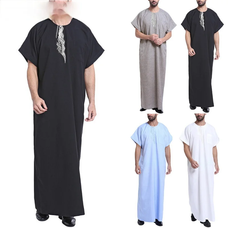 

Muslim Dress Kaftan Men Abaya Print Short Sleeve Retro Robes Dubai Saudi Arabia Arab Islamic Kaftan Men Jubba Thobe 2021