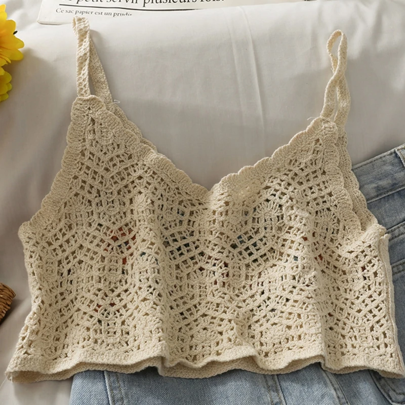 

Women Spaghetti Strap Crop Top Beach Holiday Floral Crochet Boho Camisole Vest