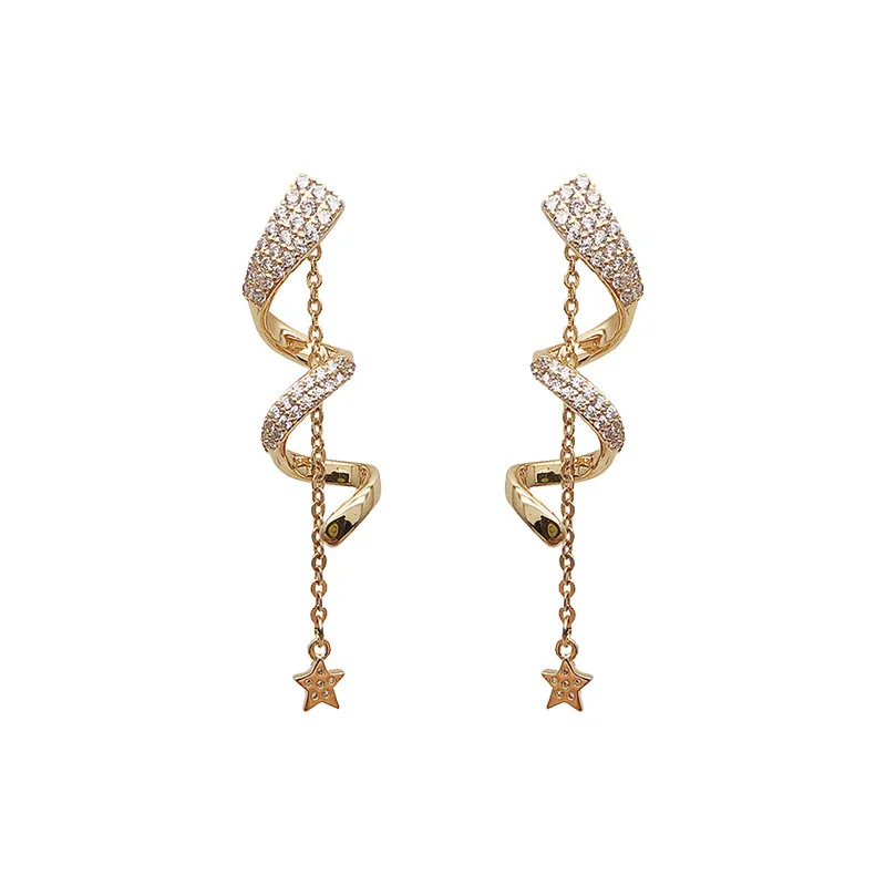 

TIMEONLY Korea Sweet Bling Bling Rhinestone Twist Earrings for Women Female Gold Color Metal Chain Long Drop Earrings Brincos