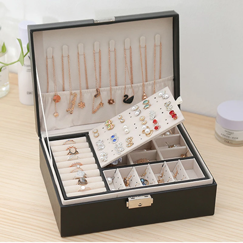 

2021 New Double-Layer Velvet Jewelry Box With Lock European-Style Jewelry Storage Box Wooden Leather Earrings Ring Jewelry Box