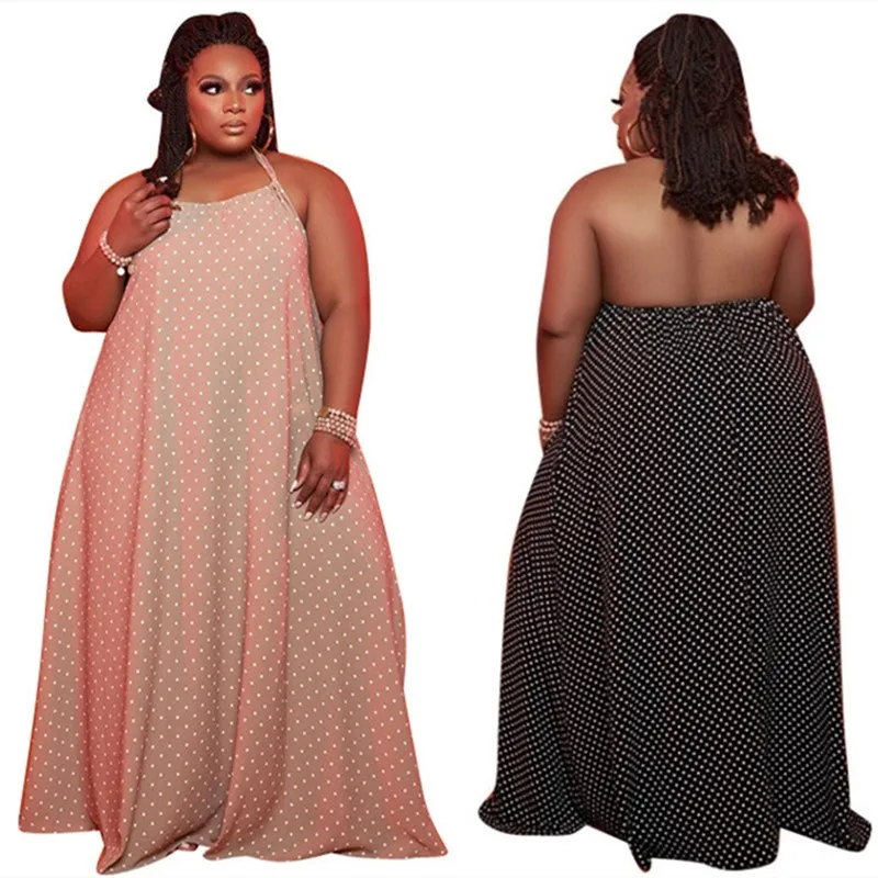 

2021 Summer Plus Size Dress Women's Sexy Elegant Party Halter Neck Loose Polka Dot Full Length Super Long Dress Streetwear New