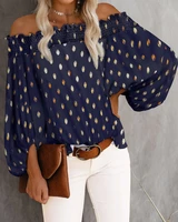 summer streetwear elegant off shoulder studded polka dot loose long sleeve shirts casual vintage ladies tops femme blouses 2021