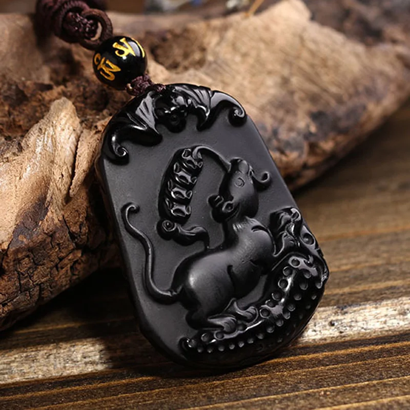 Натуральная Подвеска из черного обсидиана резной китайский талисман мышь