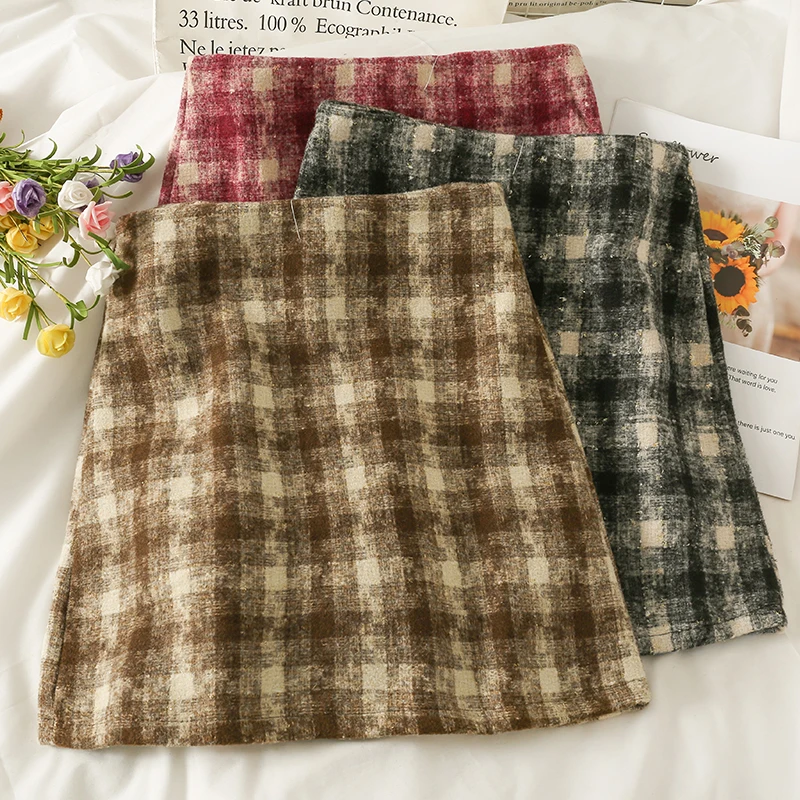 

CBAFU винтажная шерстяная юбка с высокой талией, Женская универсальная твидовая клетчатая мини-юбка на осень и зиму, трапециевидная Женская ю...