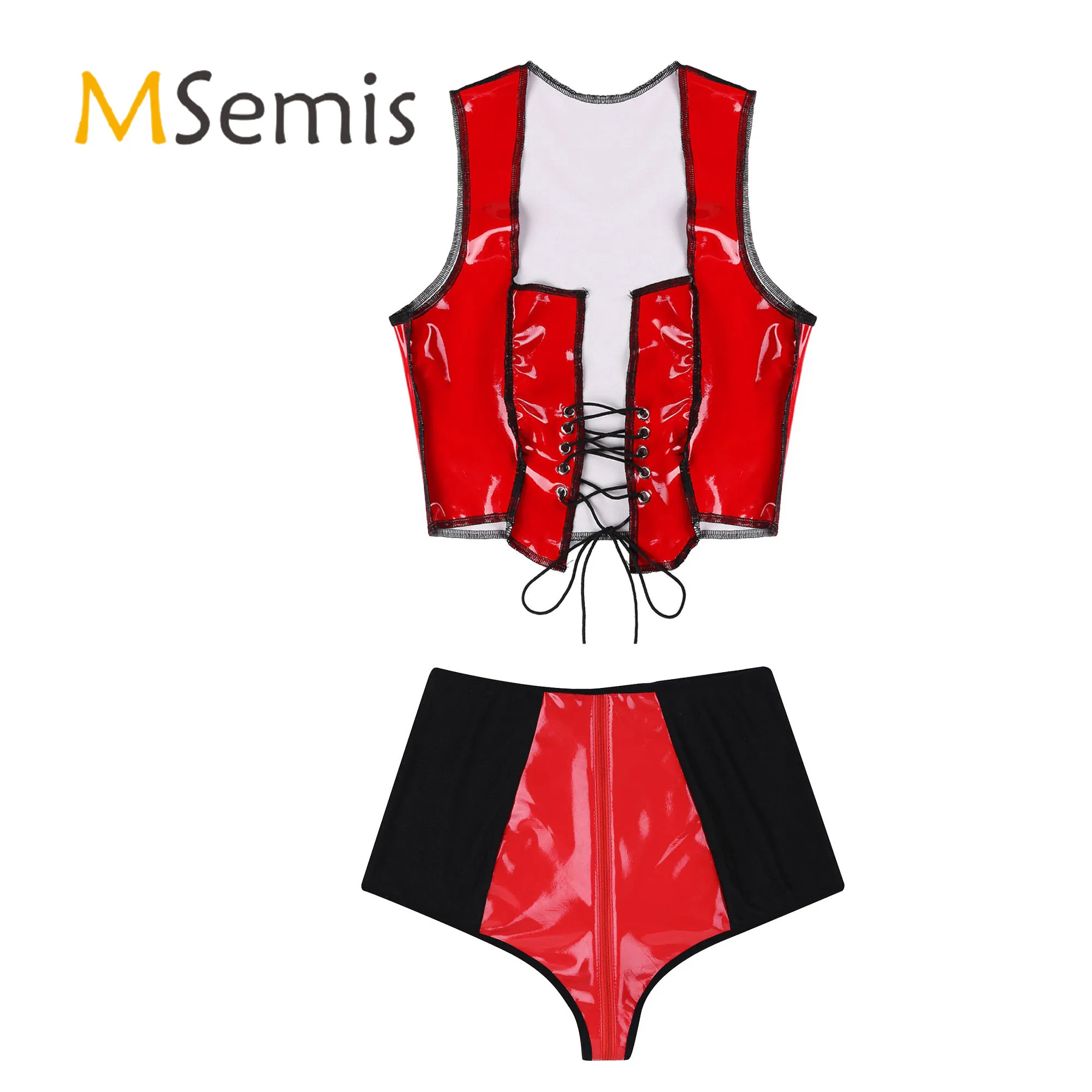 

Womens Faux Leather Sleeveless Lace-up Front Crop Top with High Waist Zipper Crotch Underwear Cosplay Party Rave Clubwear