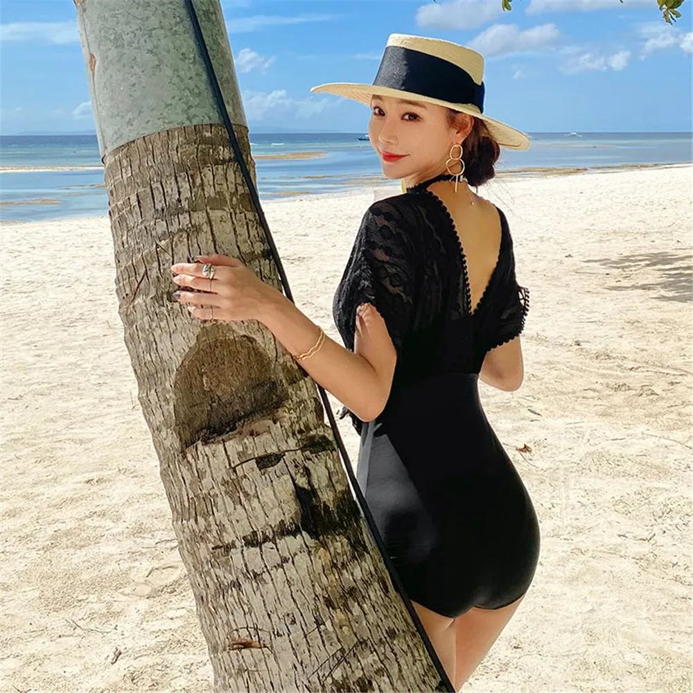 Кружевной Цельный купальник Женский однотонный с коротким рукавом монокини