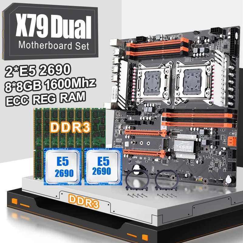 

JINGSHA X79 Dual CPU motherboard set with 2 × Xeon E5 2690 E5-2690 Eight Core CPU and 8× 8GB=64GB 1600MHz DDR3 ECC REG memory