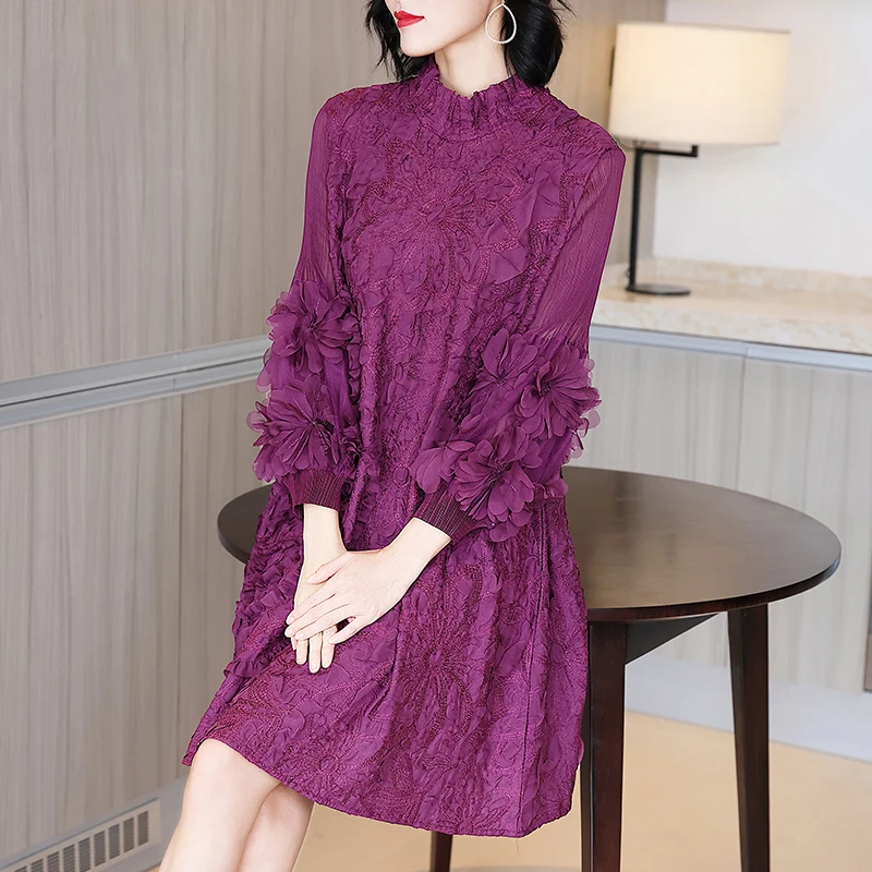 

Plus Size Dress Women's Spring and Autumn High Quality Embroidery Miyake Pleated Loose A Line Dress For Women 45-75kg