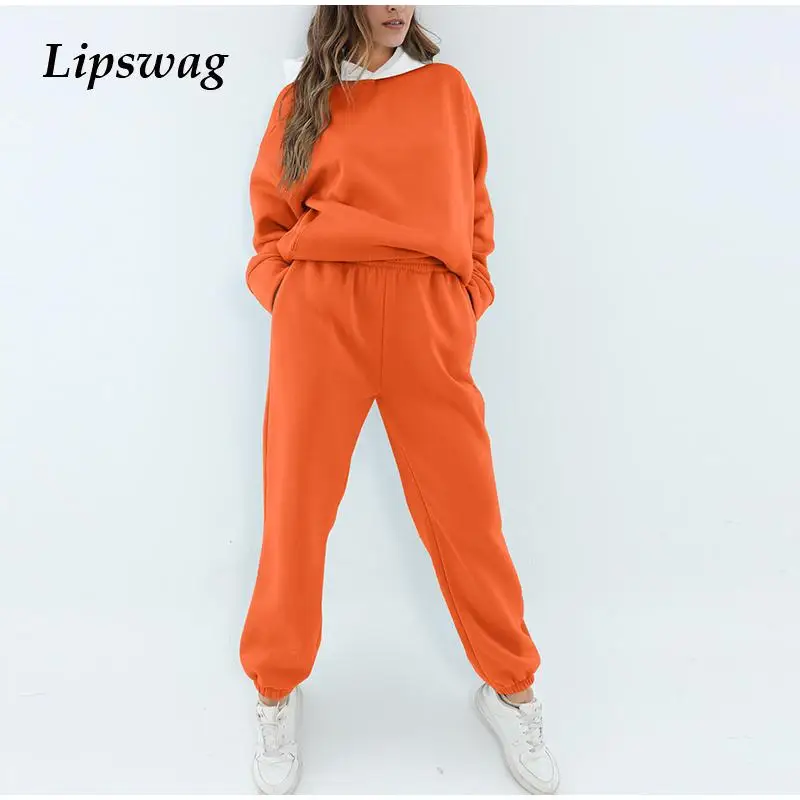 

2021 Women Fashion Spliced Autumn Winter Panelled Thick Warm Tracksuits Fashion Long Sleeved Top Vintage Loose Two Piece Sets