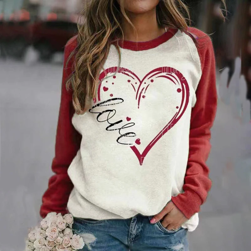 

2021 Elegant Women Sweatshirts Love Heart Print O Neck Long Sleeve Casual Pullovers Autumn Spring Fashion Tops