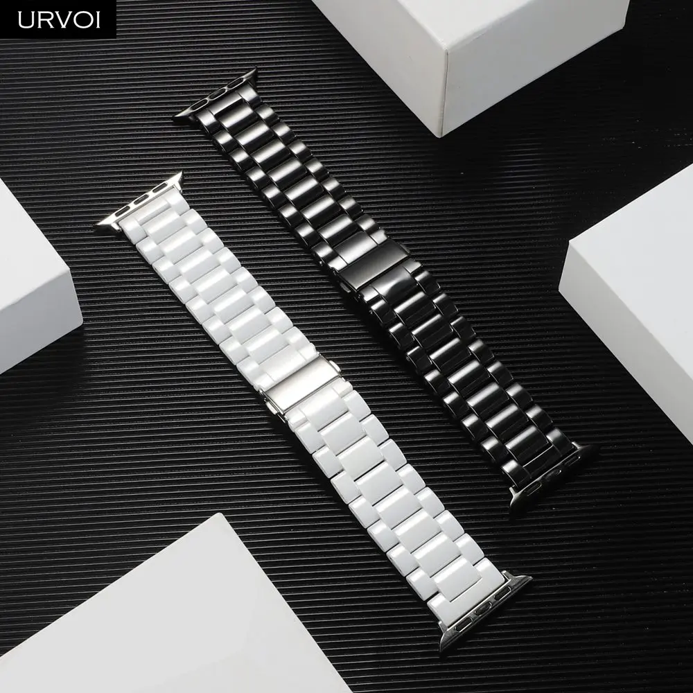 Браслет URVOI звеньевой для apple watch 6 SE 5 4 3 band полностью керамический Блестящий