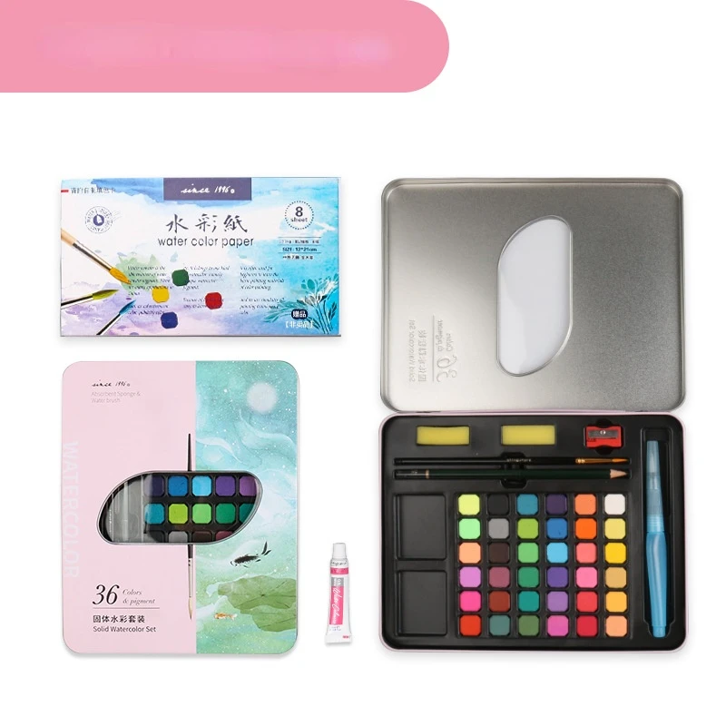 Juego de caja de lata de pintura de acuarela s&oacute;lida creativa de 36,48 colores para principiantes, suministros de arte, pintura Gouache-4
