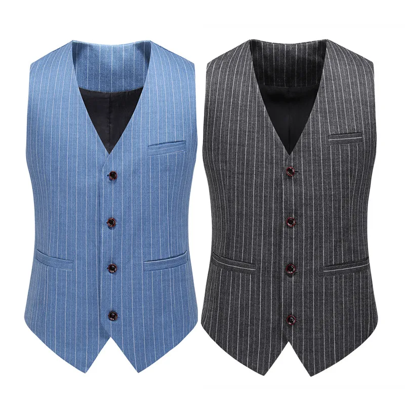 

Blue Striped Vest Mens Black Spring and Autumn Male Vests Business Wedding Waistcoat Men Plus Size S-5XL