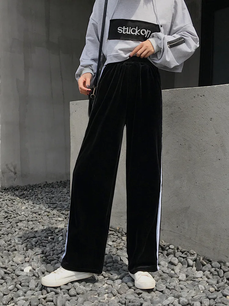 

High Quality Women Pants Autumn Winter Velvet Pants Elastic Waist Casual Trousers Wide Leg Pants Plus Size Black Loose Trousers