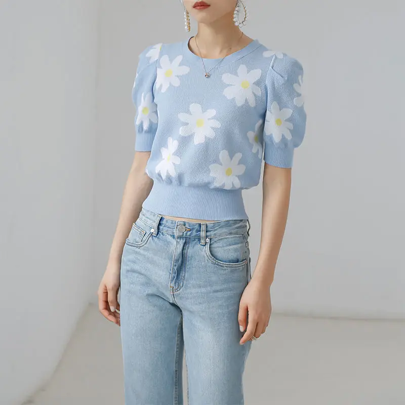 

2021 new daisy print short sleeve versatile slim knit top