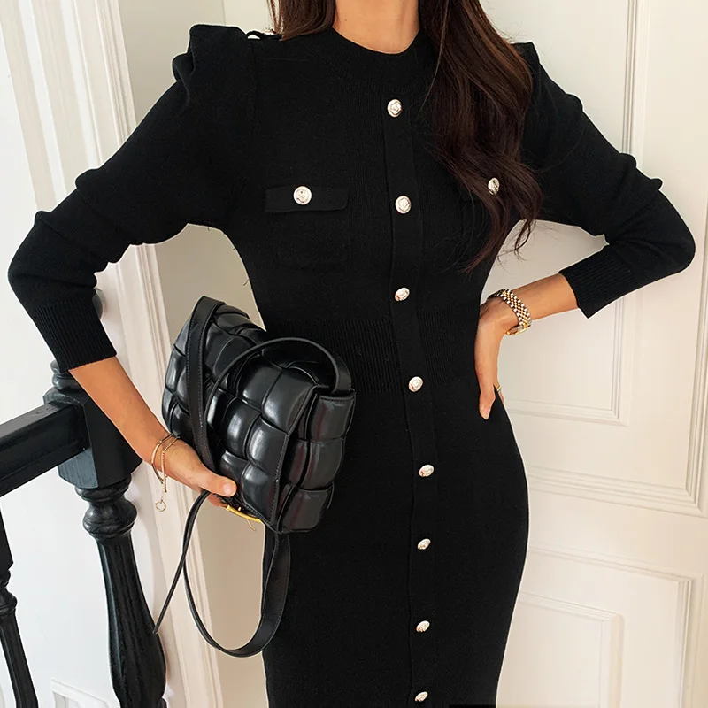 SHENGPALAE 2021 зимнее женское повседневное черное однобортное облегающее платье