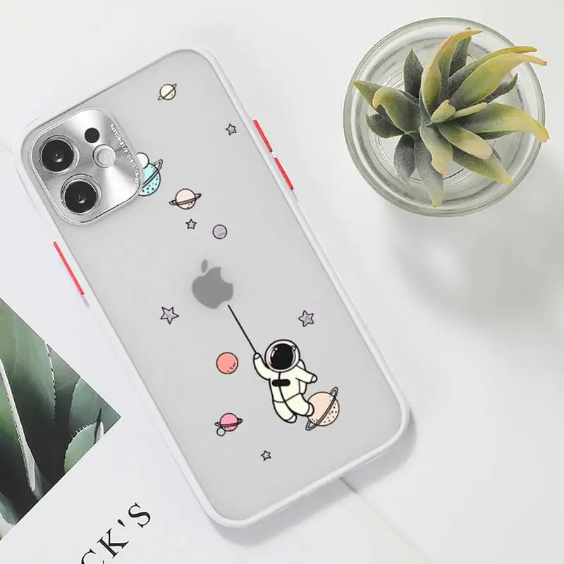 

Cute Cartoon Astronaut Star Space Phone Case For iPhone 12 11 Mini Pro XR XS Max 7 8 Plus X Matte transparent White Cover