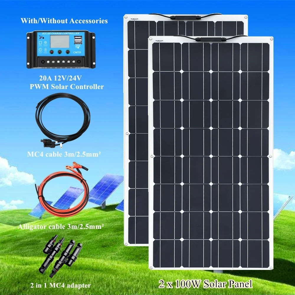 

100W/200w flexible Solar Panel Kit for Boat Home Car RV Roof 12V Battery Charger Solar plate photovoltaic cell complete 12 v 24v