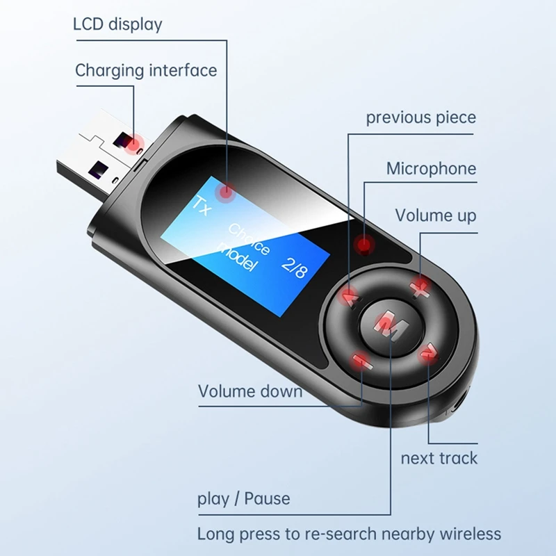 

Bluetooth 5.0 Adapter LED Display Music Audio Transmitter USB Bluetooth Receiver Noise Reduction 3.5MM Aux for TV PC Car