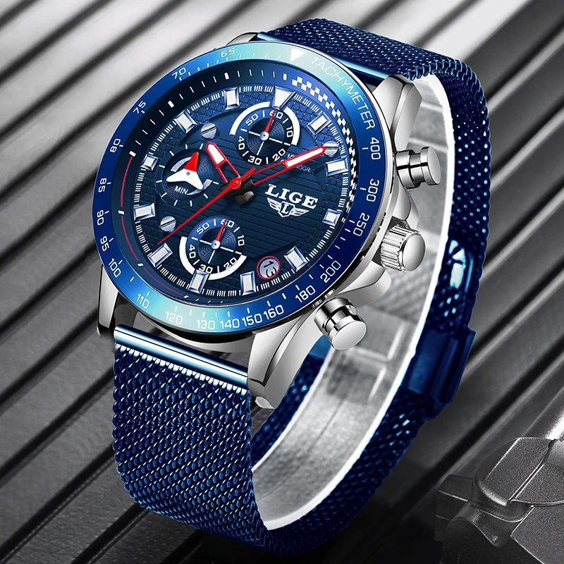 Часы наручные LIGE Мужские кварцевые брендовые Роскошные спортивные