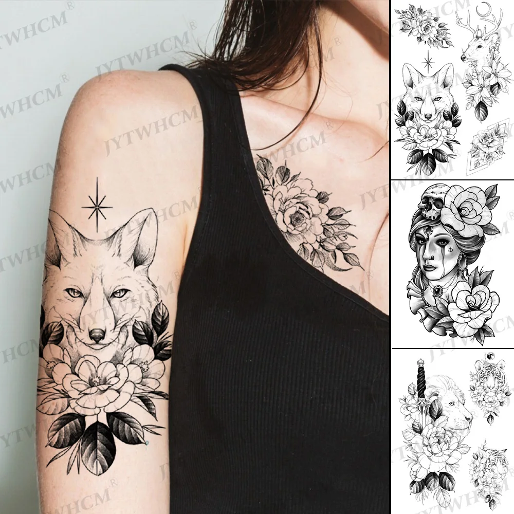 

Waterproof Temporary Tattoo Fox Stickers Fake Tattoo Flash Flowers Lion Party Body Art Arm Realistic Fake Sleeve Tattoos Women