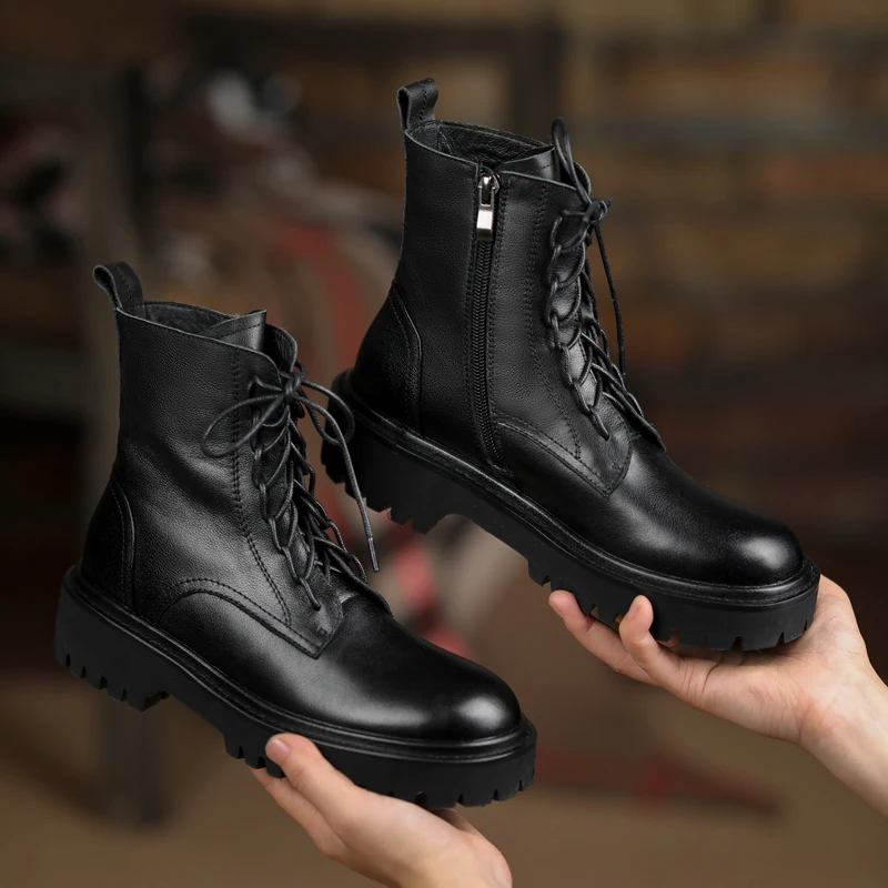 

Genuine Leather Women Natural Fur Ankle Boots Winter Women Lady Cross Strap Shoes Black Wool Warm Short Motorcyle Boots