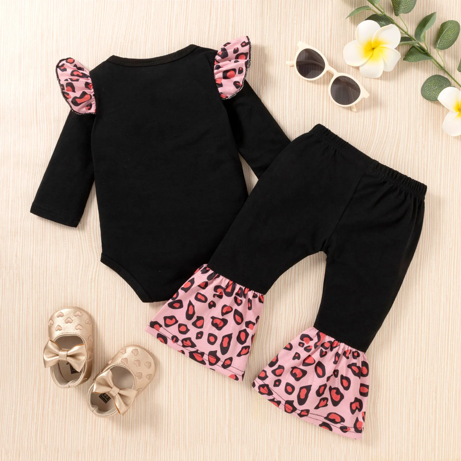 Детский комбинезон с оборками и буквами брюки-клеш леопардовым принтом | Мать