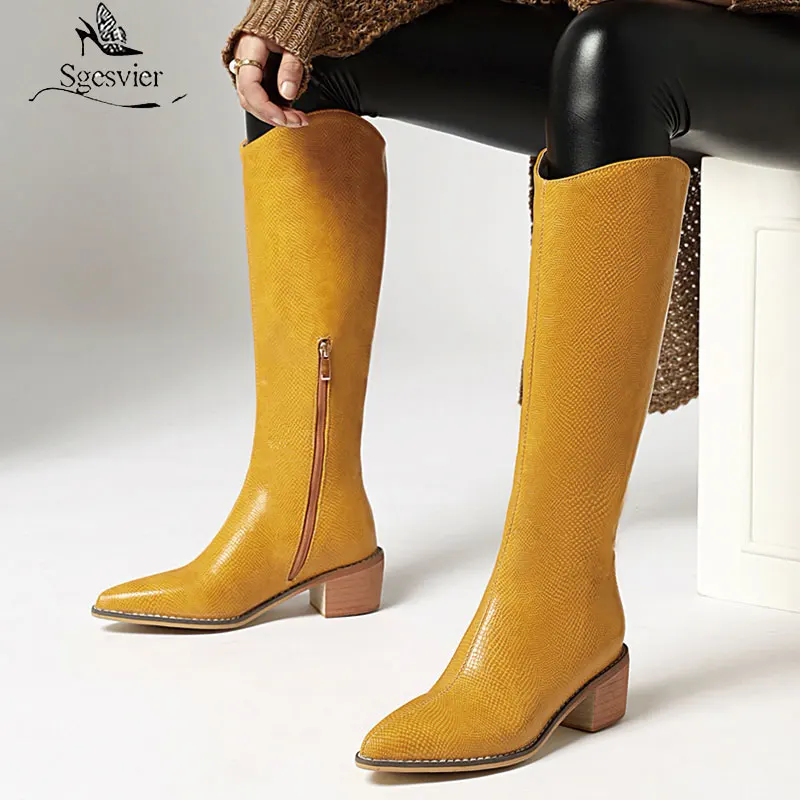 

Sgesvier 2020 Med Chunky Heels Long Knee High Knight Riding Boots Yellow Black Red Blue Pointed Toe Womens Shoes Winter Botas