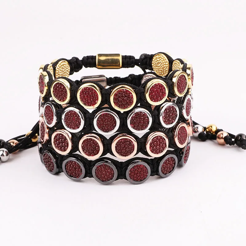 

High Quality Red Fish Skin Leather Round Charm Braided Friendship Macrame Adjustable Bracelet Men