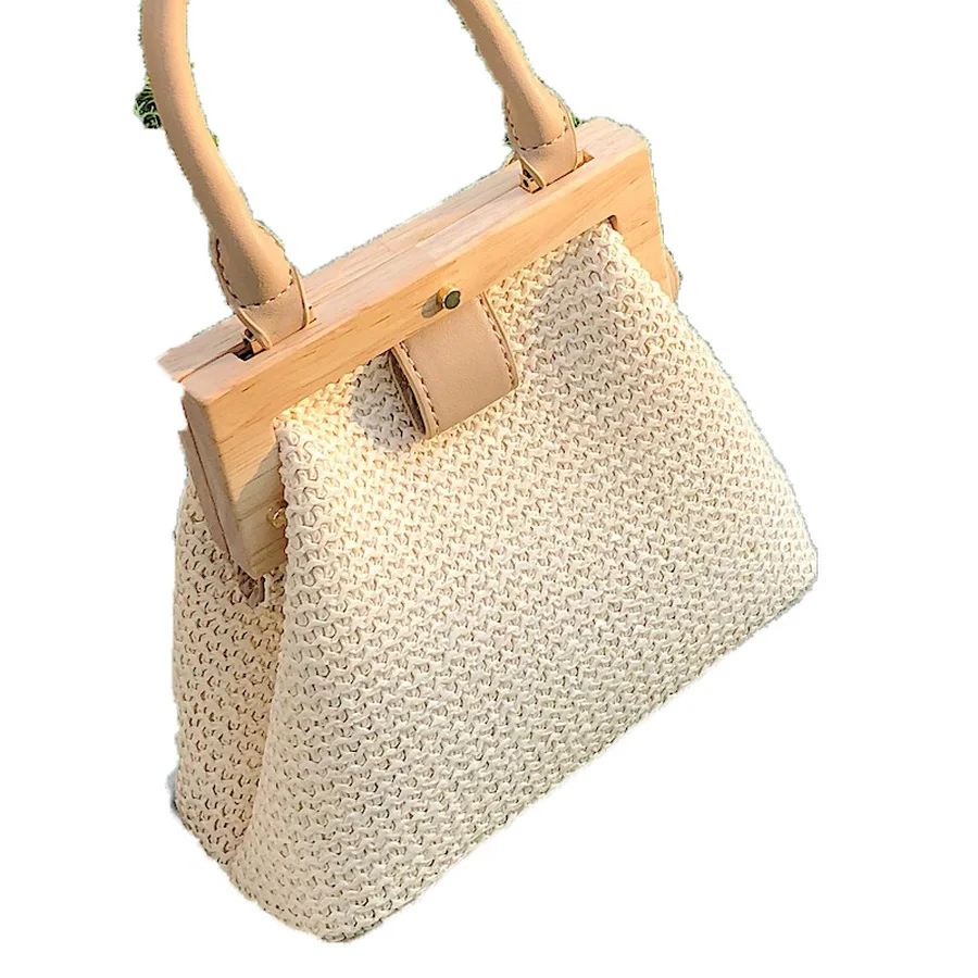 Винтажные плетеные соломенные женские сумки через плечо с деревянной ручкой
