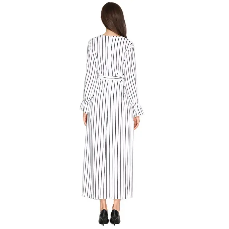

Women Lady Islamic Muslim Flare Sleeve Maxi Long Dress Vertical Stripes O-Neck Belted High Waist Casual Pullover Slim Tunic BX0A