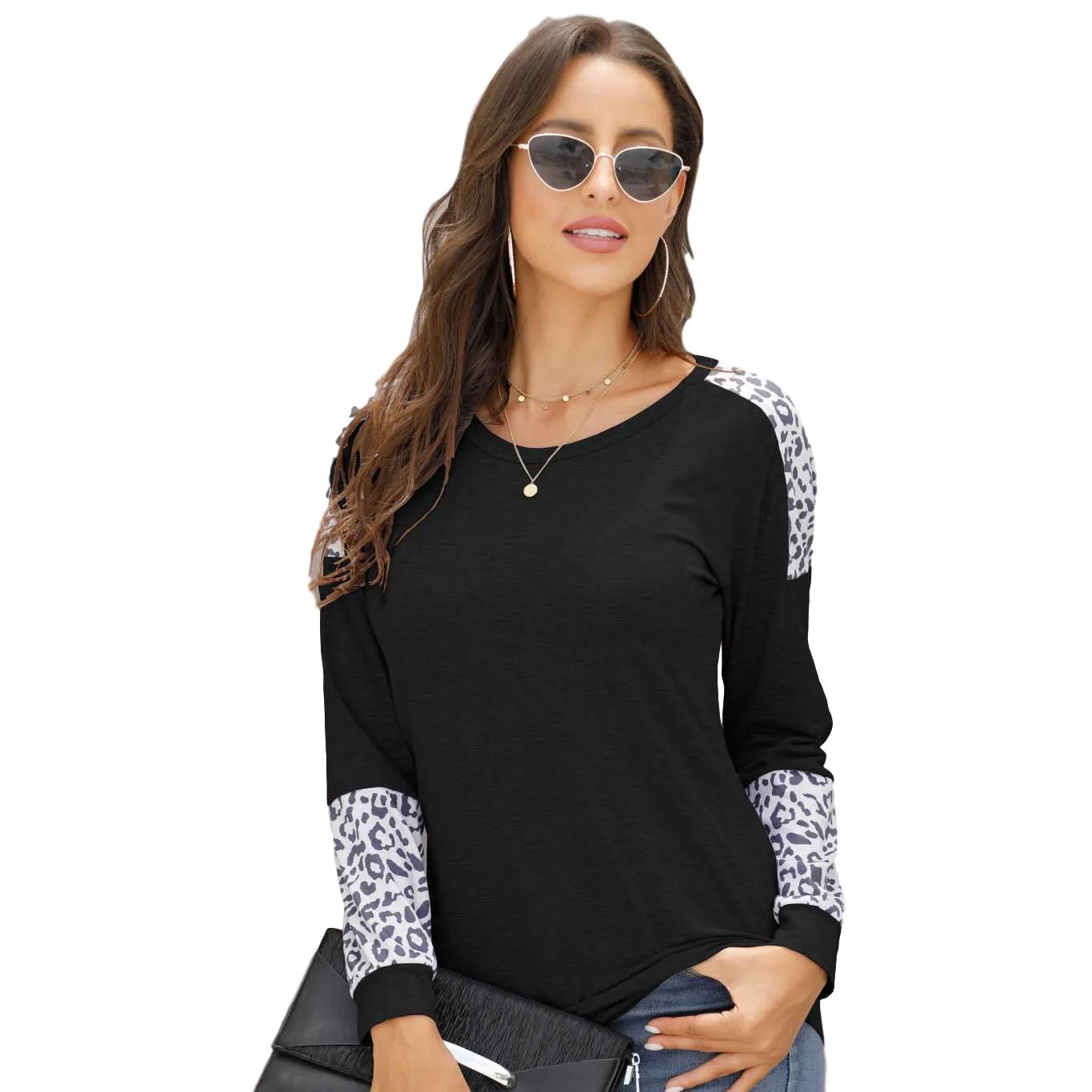 

European American Cool Stitching Long-Sleeved T-shirt Women Pullover round Neck Street Trend Clothing Aesthetics Friends Autumn