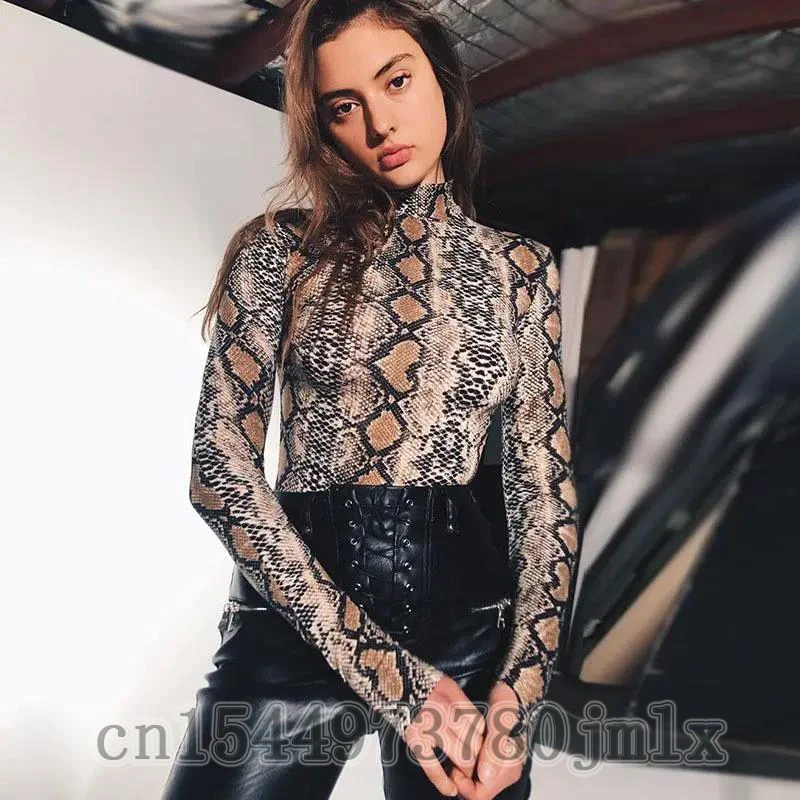 

Europe And America, Autumn And winter, Sexy Long-Sleeved Bodysuit, Slim And Versatile, Snake Print High-neck Bottoming Shirt