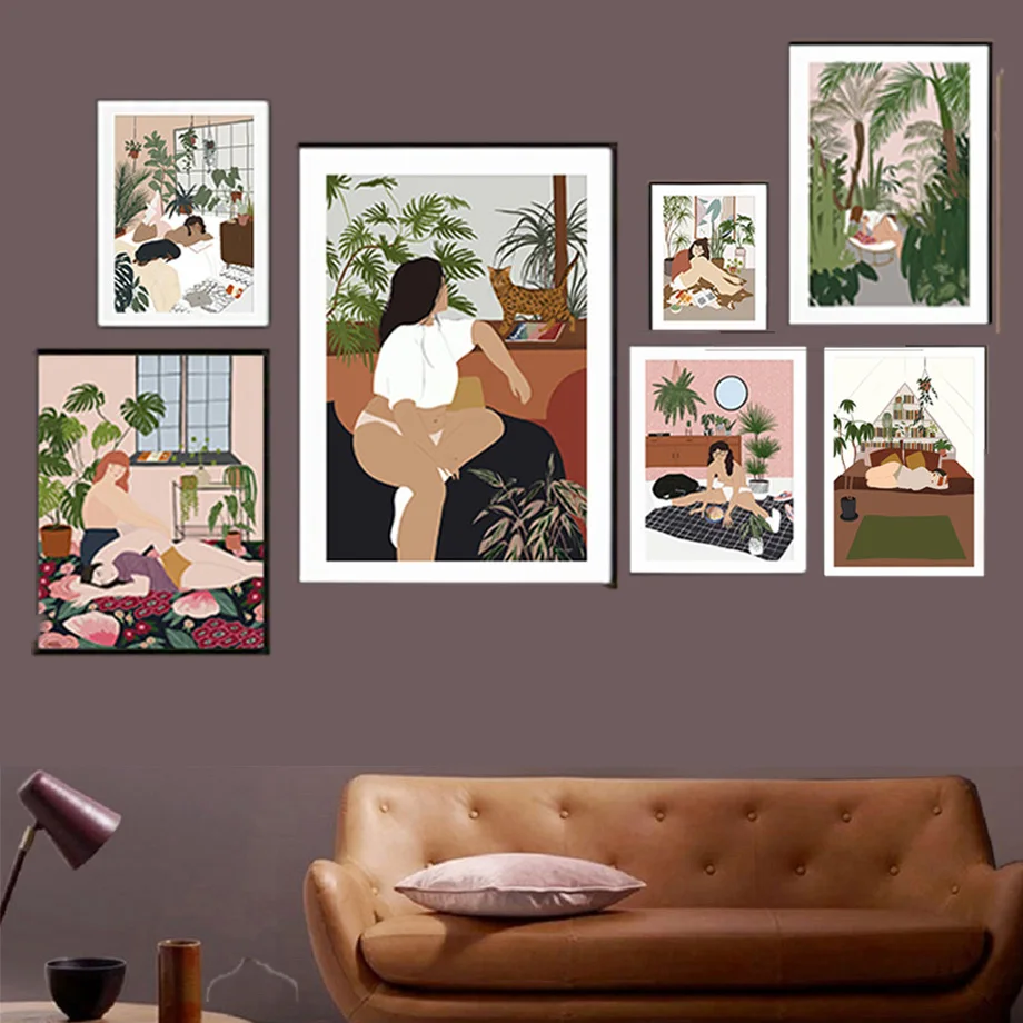 

Abstract Girl Plant Dog Vintage Wall Art Canvas Painting Nordic Posters And Prints Wall Pictures For Living Room Bohemian Decor