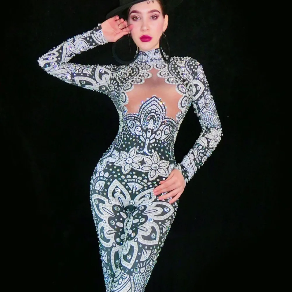 

Новый стиль, стразы, жемчуг, черный комбинезон для женщин, певица, танцовщица, спандекс, леггинсы, наряд, бар, выпускной, шоу, одежда