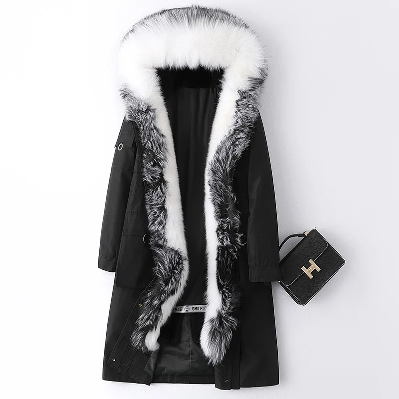 

Женская парка с капюшоном, черная длинная теплая парка на меху кролика, с воротником из лисьего меха и капюшоном, зимний сезон