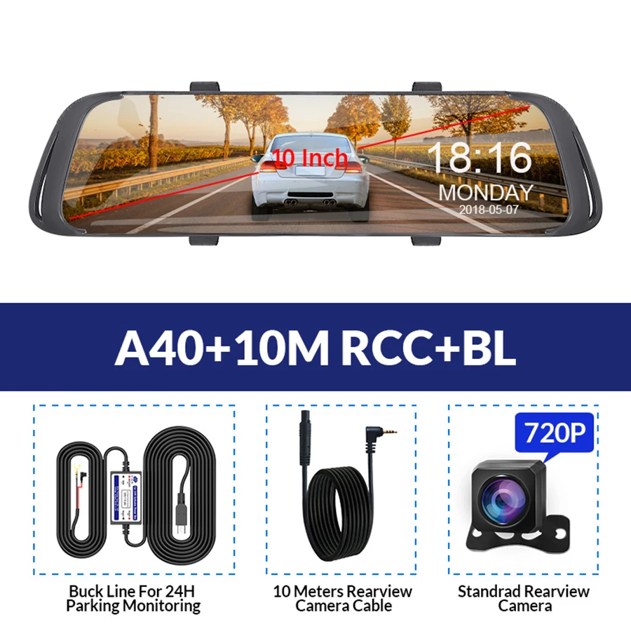 A40-10M RCC-BL E-ACE 7,0 дюймов сенсорный Автомобильный видеорегистратор зеркало FHD 1080P видео рекордер Авто регистратор тире камера двойной объектив с камерой заднего вида - Название цвета: A40-10M RCC-BL