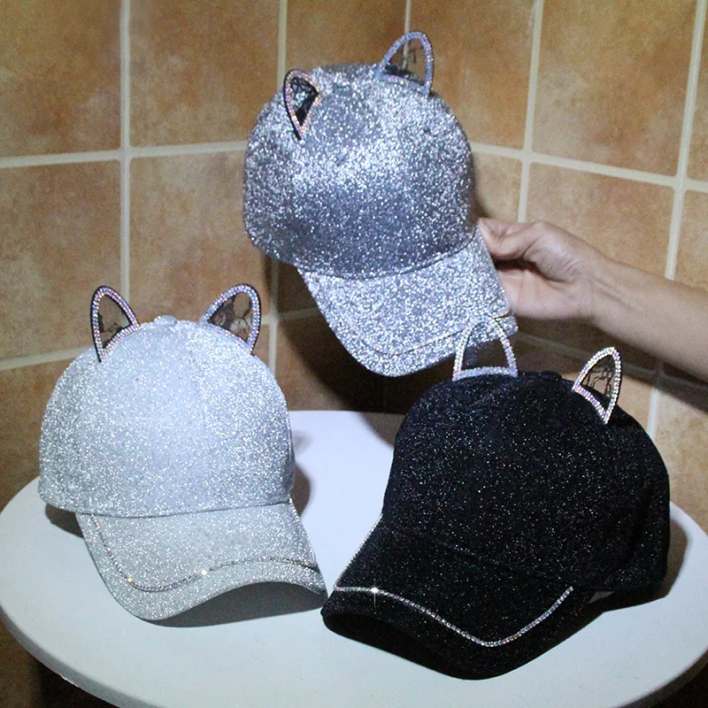 

Cute Cat Ear Baseball Cap Lace Bling Bling Rhinestone Fashion Travel Outdoor Adjustable Closure Stylish Womens Daddy Hat