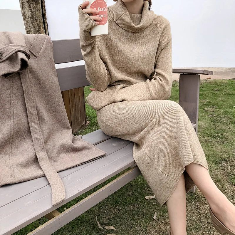 Luzuzi Winter Turtleneck Sweater Dress Women Lace Up Knitted Long Female Knitwear Full Sleeve Soft Vestidos high quality | Женская