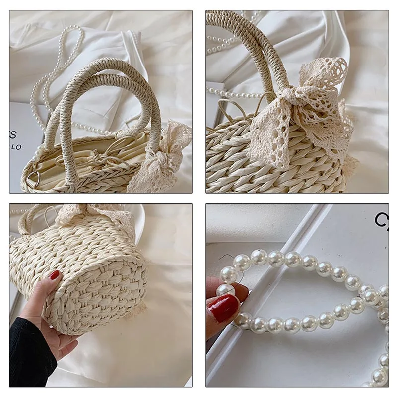 

New Bucket Shoulder Bag High Quality Pearl Crossbody Bags Female Designer Handbag Hand-woven Straw Bags Woman Luxury Phone Pack
