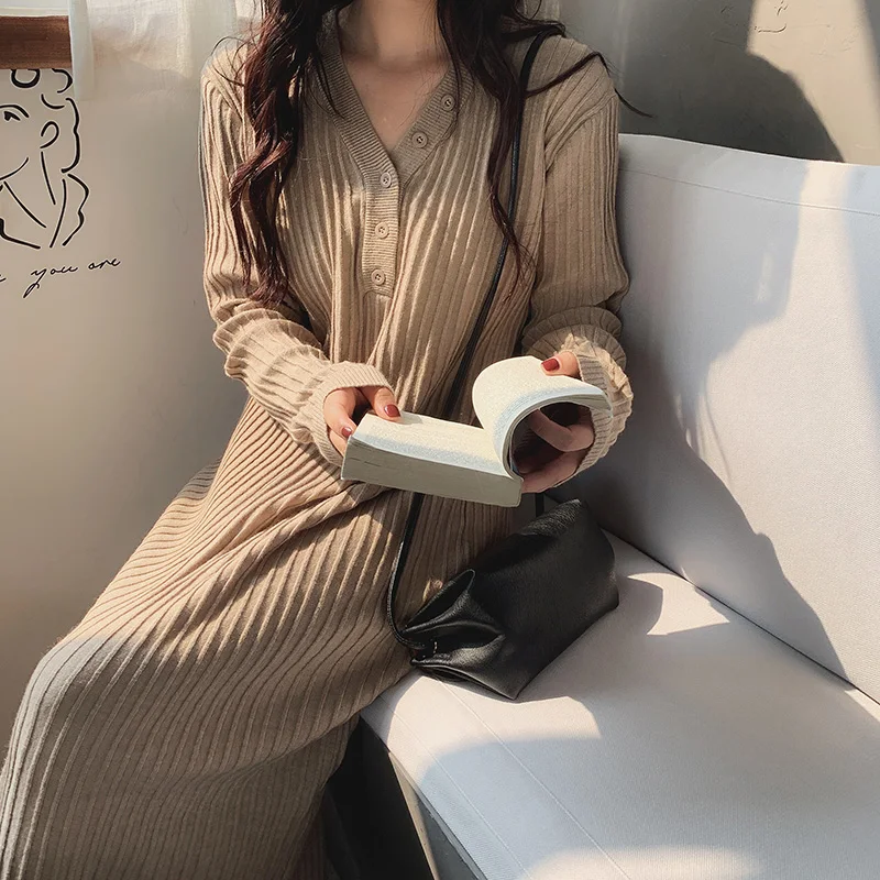 Осенне зимнее однотонное трикотажное Хлопковое платье свитер для женщин в стиле