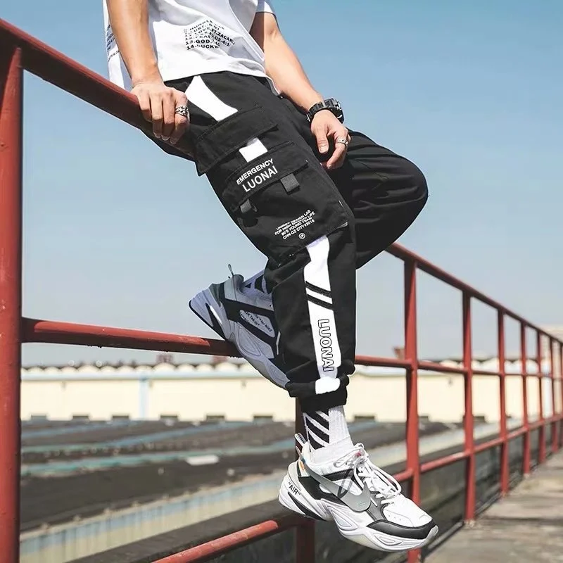 

Hip Hop Ribbons Cargo Pants Men Joggers Pants Mens Streetwear Military Pants 2020 Fashion Male Elastic Waist Pant Cotton Black