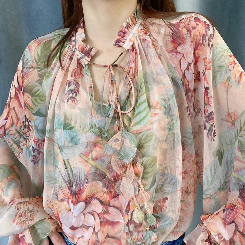 

TWOTWINSTYLE Print Ditsy Floral Blouse Shirts For Female Stand Collar Lantern Long Sleeve Loose Women's Vintage Shirt Fashion