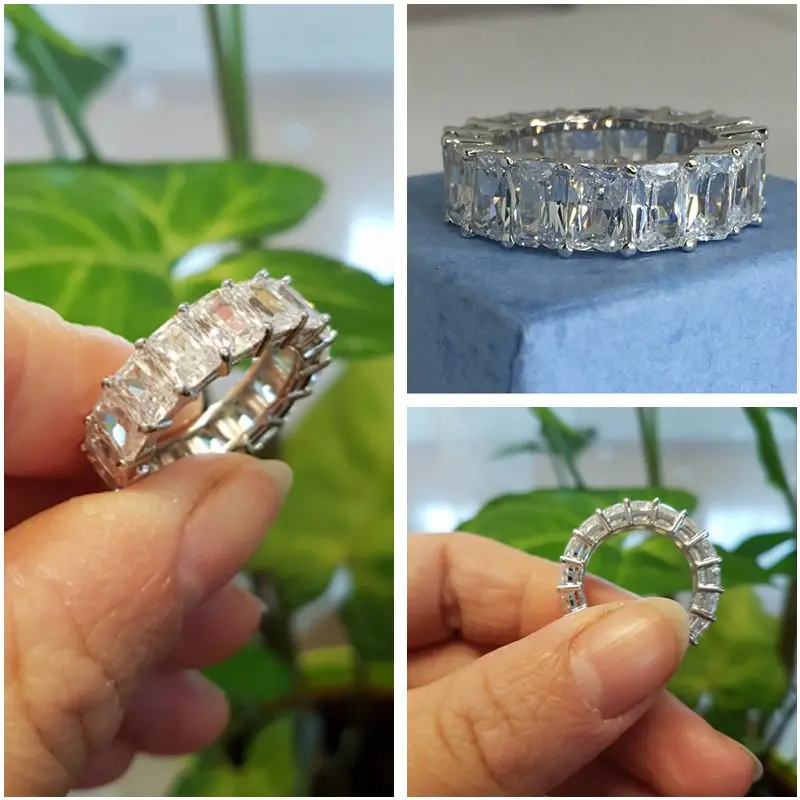 

Luxury 925 Sterling SILVER PAVE SETTING FULL Square DIAMOND ring ETERNITY Women ENGAGEMENT WEDDING Band Rings SET Fine JEWELRY