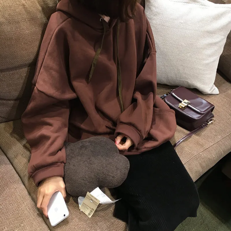 

Hoodies Women Hooded Solid Thicker Pockets Loose Womens Hoodie Leisure Simple All-match Korean Style Trendy Chic Students Kawaii
